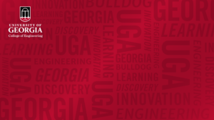 red Zoom background with UGA-related words and UGA Engineering logo