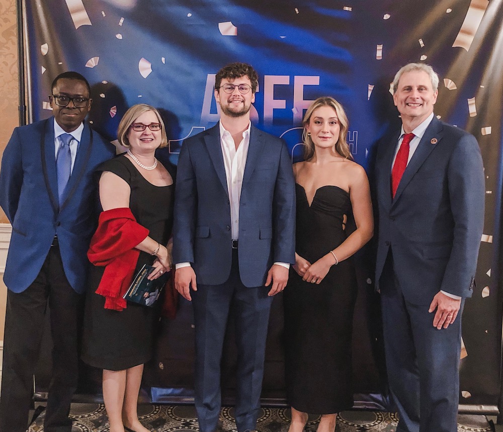The UGA College of Engineering group at the ASEE Gala, from left to right: assistant professor Nathaniel Hunsu, Julie Martin, George Moll (BSME ’19, MS ’20), Bianca Bitere (BSME ’19, MS ’20), and Donald Leo.