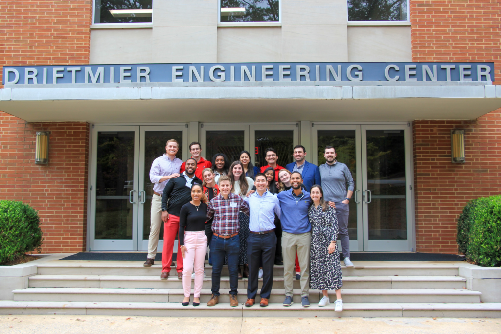 Alumni Board Members stand in front of Driftmier Engineering Center