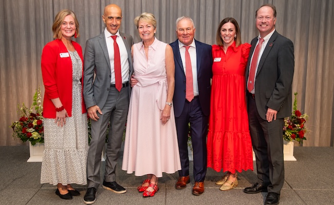 College of Engineering Senior Director of Development Stacy Stanford, Dean Alex Orso, Nancy Juneau, Les Juneau, Director of Corporate Engagement Jordan DeRosa and Juneau Construction Company Professor of Civil Engineering Stephan Durham