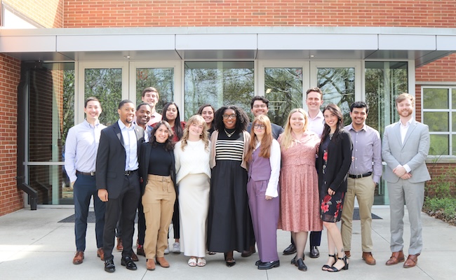 Alumni Board Members stand in front of Driftmier Engineering Center