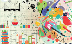 Colorful graphic of books, musical instruments, art supplies, science instruments, mathematical equations