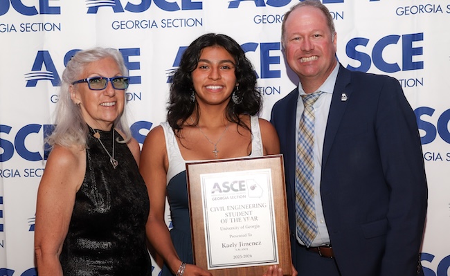 Kaely Jimenez poses with award with ASCE president Marsha Bomar and Dr. Stephan Durham