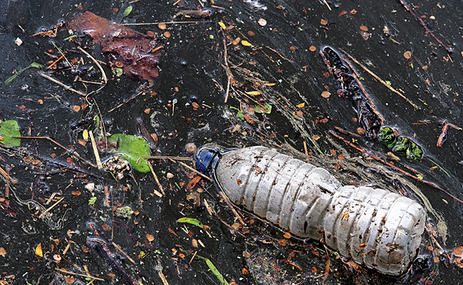 Plastic waterbottle in muddy puddle